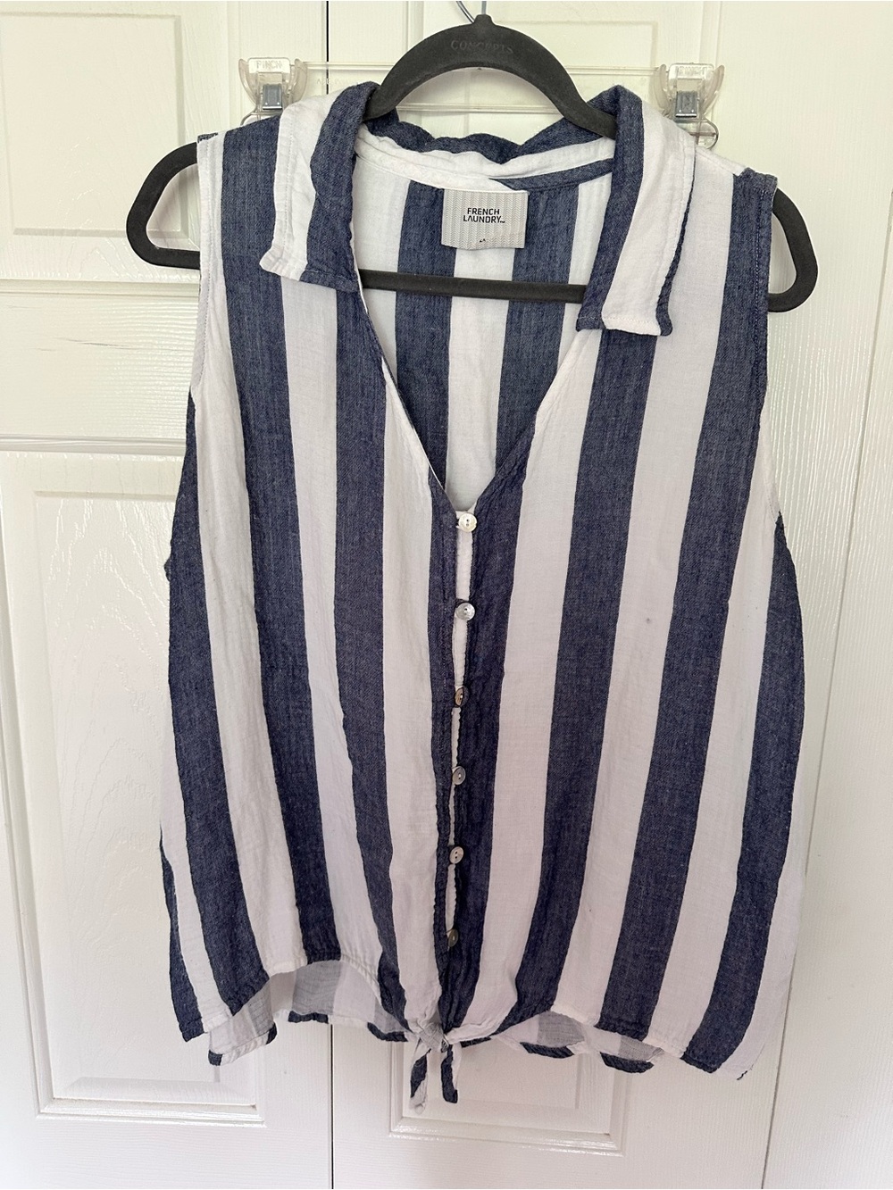 French Laundry Navy and White Vertical Stripe Tie-Hem Sleeveless Button Tank